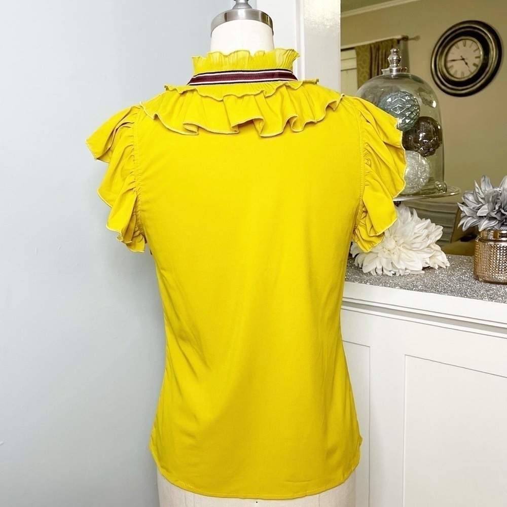 Love Song Mustard Yellow Ruffled High Neck Collared Blouse - Picture 6 of 11